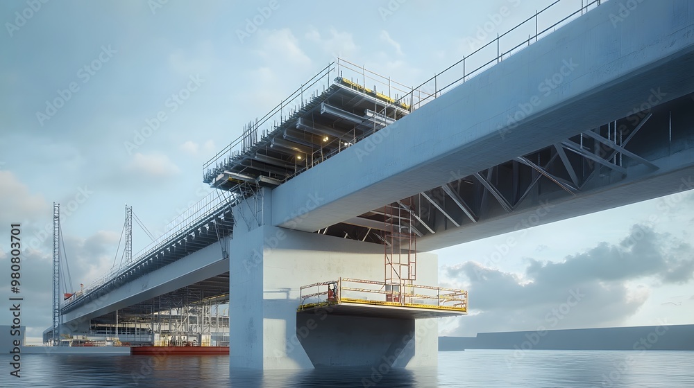 Obraz premium Hyper-realistic illustration of a modern steel bridge under construction, sharp details, high-quality, graphic engineering design