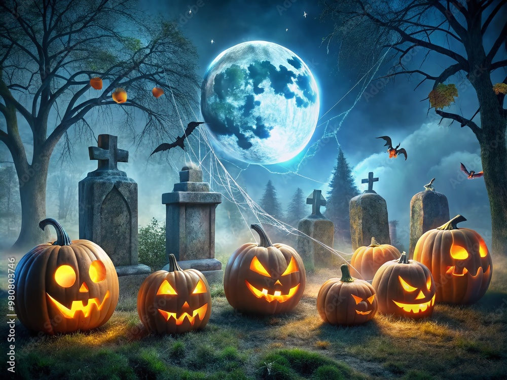 A spooky graveyard scene with glowing jack-o'-lanterns, cobweb-covered tombstones, and a full moon, perfect for A spooky graveyard scene with glowing jack-o'-lanterns, cobweb-covered tombstones, and a full moon, perfect for