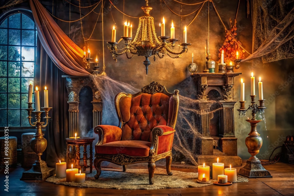 Fototapeta premium A spooky Halloween party scene features a vintage-style mystery novel on a ornate throne, surrounded by cobwebs,