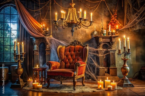 A spooky Halloween party scene features a vintage-style mystery novel on a ornate throne, surrounded by cobwebs,