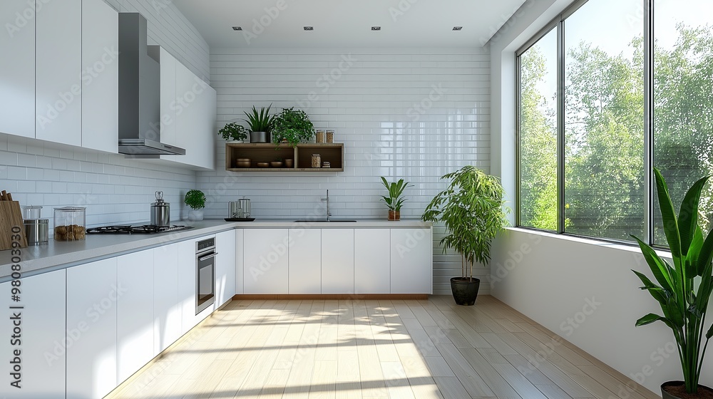 Fototapeta premium An Elegant and Modern White Kitchen Design Featuring Bright and Inviting Natural Light