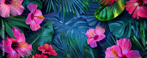 Colorful Hibiscus Flowers and Tropical Green Leaves Background