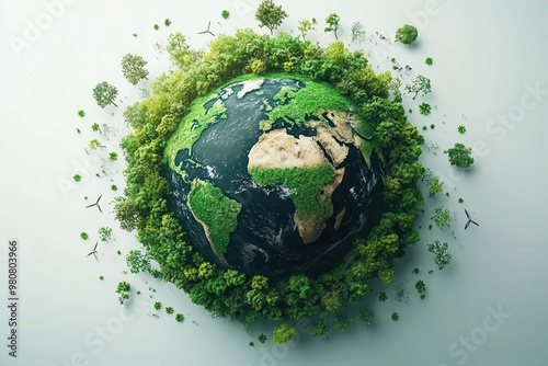 Obraz na płótnie conceptual illustration of ecofriendly sustainable world with green planet earth renewable energy symbols and nature elements surrounding globe depicting environmental conservation efforts w salonie