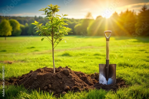 A freshly dug hole surrounded by a mound of earth and a shovel, with a small tree sapling waiting to be planted in a lush green meadow. photo