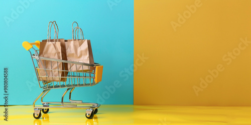 Shopping Cart with Paper Bags on Colorful Background