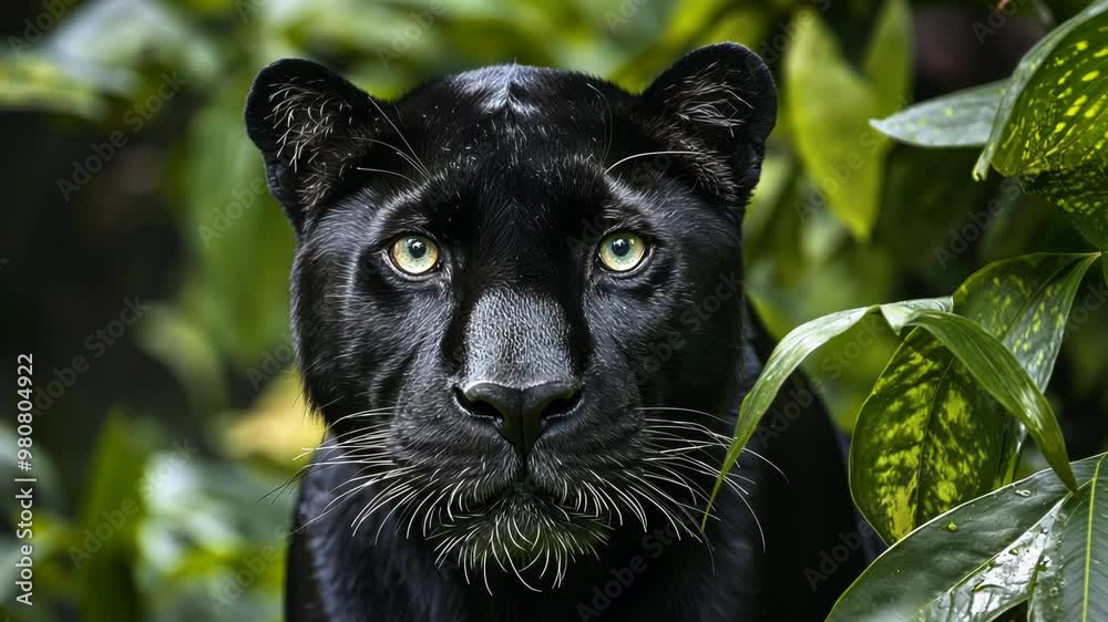 Black panther emerging from lush green foliage, close-up portrait of majestic wild cat with piercing eyes, sleek fur contrasting against jungle leaves in atmospheric wildlife shot Black panther emerging from lush green foliage, close-up portrait of majestic wild cat with piercing eyes, sleek fur contrasting against jungle leaves in atmospheric wildlife shot