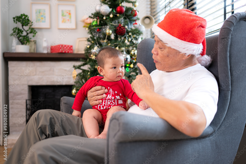 Grandfather is sitting in an armchair, holding his infant grandson, playfully chatting with him in the living room, which is decorated for the upcoming Christmas celebration Grandfather is sitting in an armchair, holding his infant grandson, playfully chatting with him in the living room, which is decorated for the upcoming Christmas celebration