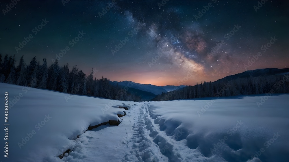 Winter landscape with snow and a sunset over icy snowy mountains, beneath a stunning starry galaxy night sky Winter landscape with snow and a sunset over icy snowy mountains, beneath a stunning starry galaxy night sky