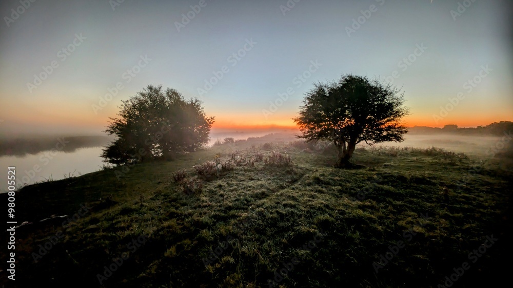 Beautiful sunrise landscape scenery at Clare river, County Galway, Ireland, nature sun background, misty dawn