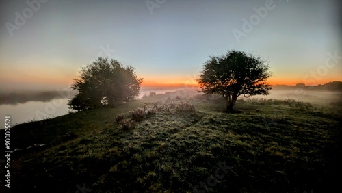 Obraz na płótnie Beautiful sunrise landscape scenery at Clare river, County Galway, Ireland, nature sun background, misty dawn w salonie