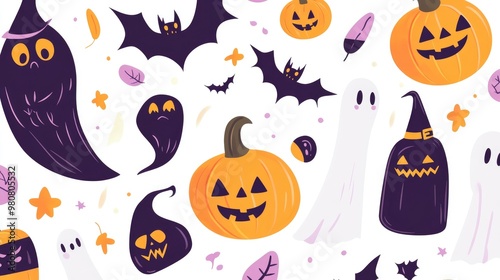 Colorful Halloween Cartoon Pattern with Ghosts, Pumpkins, Bats, and Leaves on White Background