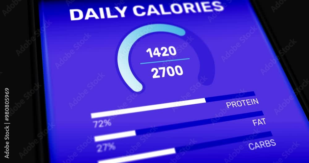 Calories calculation application, daily charts counting nutrition facts, diet and healthy food concept, footage