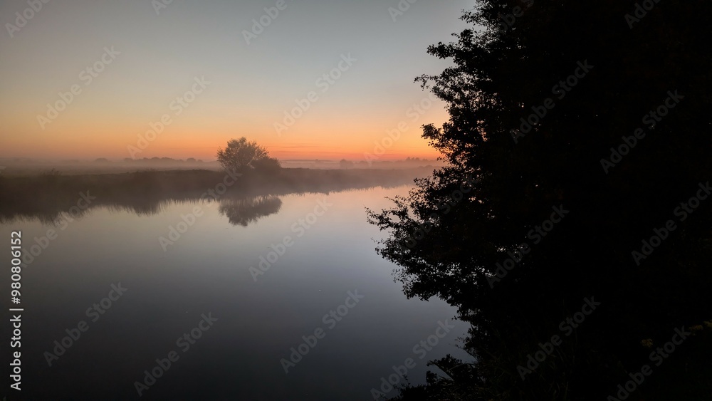 Beautiful sunrise landscape scenery at Clare river, County Galway, Ireland, nature sun background, misty dawn