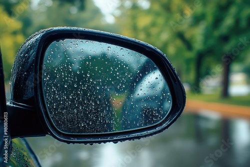 Car side mirror covered in raindrops. Perfect for blogs or articles about rainy weather, driving safety, or car care.