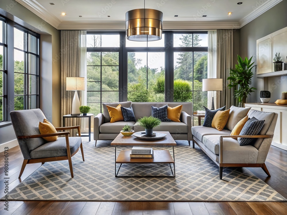 A stylish, modern living room showcases a thoughtfully curated furniture arrangement, featuring a sleek sofa, A stylish, modern living room showcases a thoughtfully curated furniture arrangement, featuring a sleek sofa,
