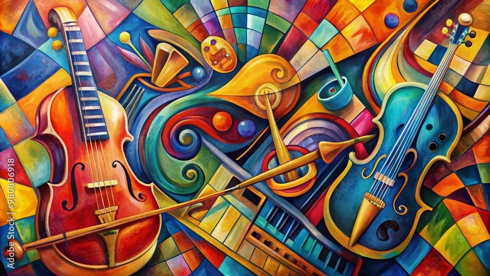 Obraz premium Vibrant cubist abstract painting featuring fragmented musical instruments, swirling notes, and rhythmic shapes in bold colors, capturing the essence of dynamic jazz music.