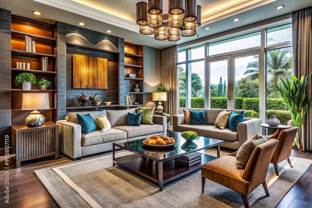 A stylishly decorated modern living room with a balance of sleek lines, rich textures, and pops of color, A stylishly decorated modern living room with a balance of sleek lines, rich textures, and pops of color,
