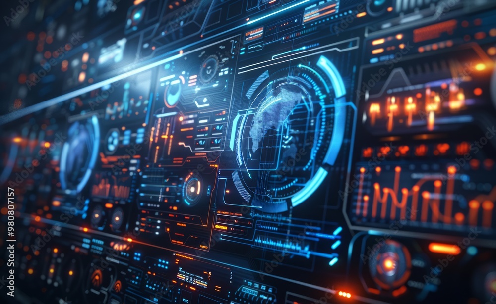 Futuristic digital interface featuring blue and orange data visualizations and global maps in a technology-driven environment Futuristic digital interface featuring blue and orange data visualizations and global maps in a technology-driven environment