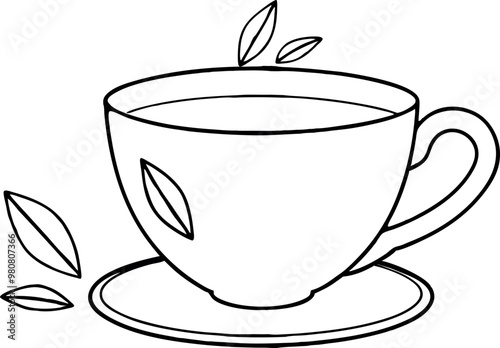 Simple Line Art Illustration of a Tea Cup with Leaves for Beverage Design