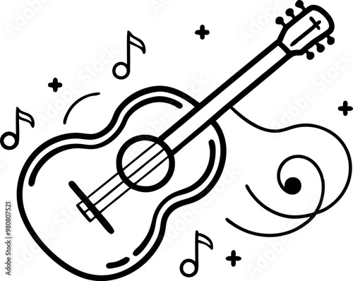 Minimalist Guitar Illustration with Music Notes and Flowing Lines in Black and White