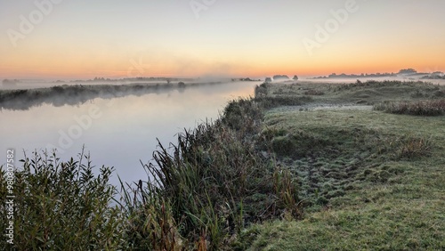 Beautiful sunrise landscape scenery at Clare river, County Galway, Ireland, nature sun background, misty dawn