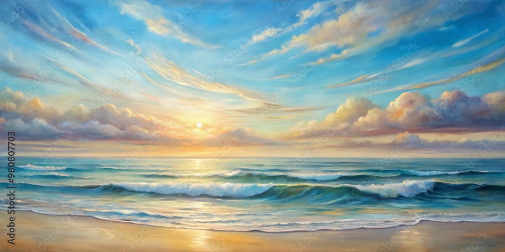 Obraz premium Soft, feathery brushstrokes in calming tones evoke a peaceful ocean scene, with gentle waves and subtle horizon lines, exuding serenity and contemplation.