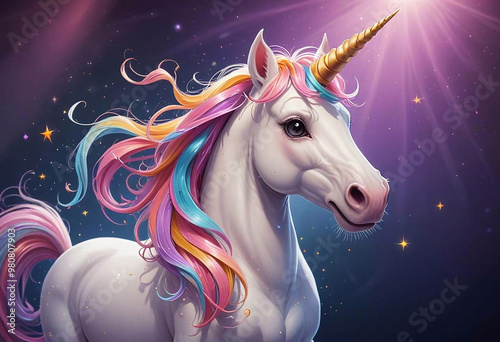 Cartoon illustration of a unicorn with a colorful tail and mane	