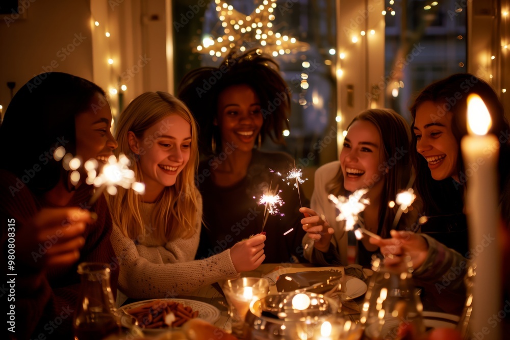 A group of friends enjoying a festive celebration indoors. They are gathered around a table, holding sparklers and laughing amidst a colorful background of fairy lights and holiday cheer.