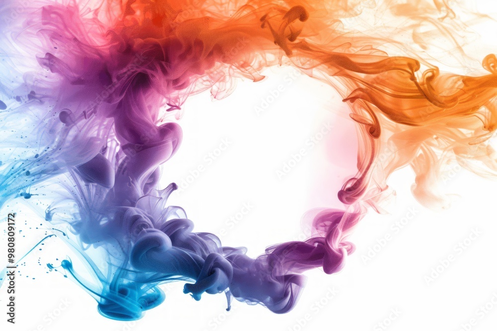 Colorful swirling smoke patterns, blending purple, orange, and blue hues against a white background, creating an artistic abstract display