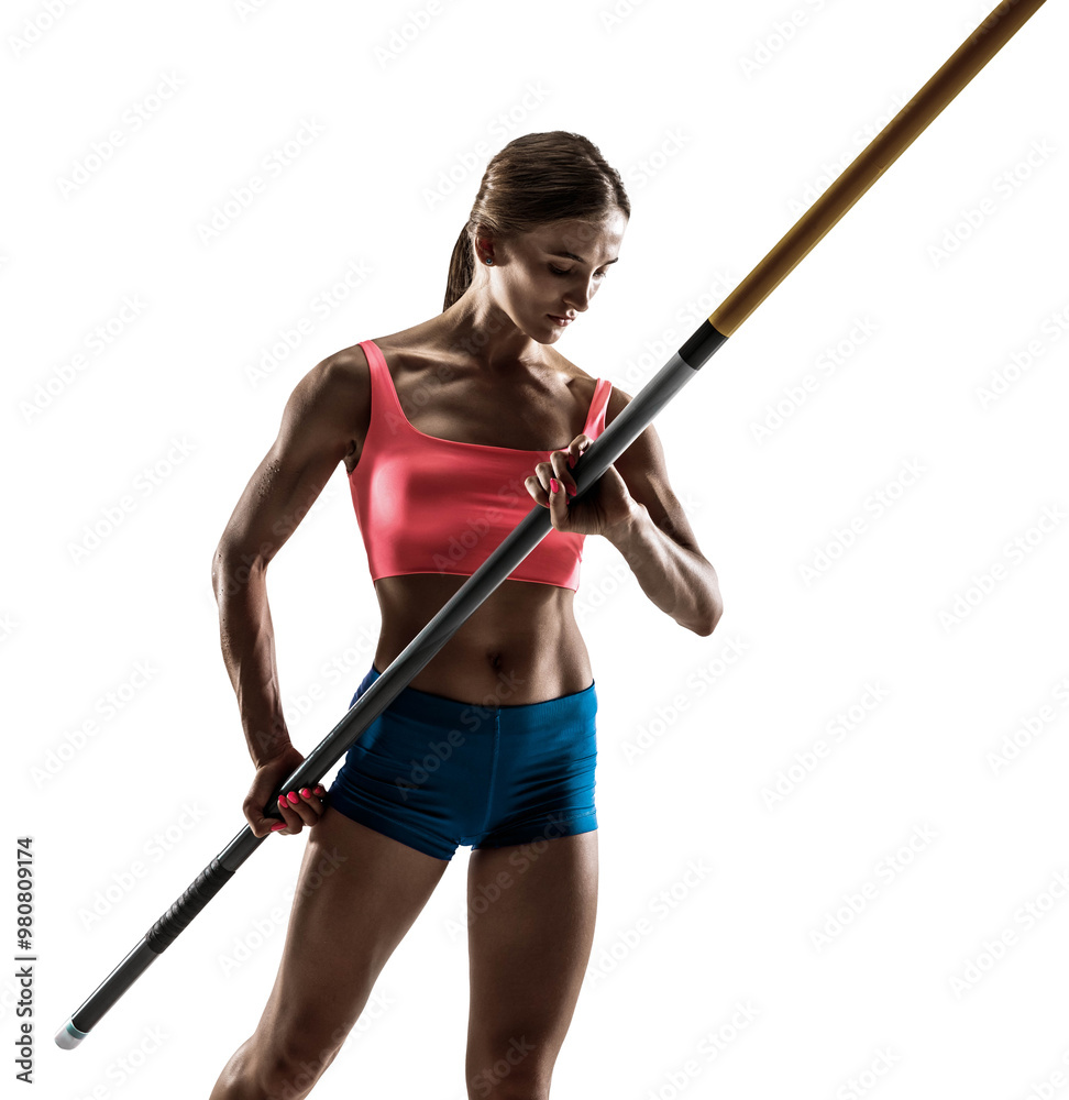 Athletic, determined young woman, pole vaulting athlete standing and preparing for competition isolated on transparent background. Concept of professional sport, durance, active lifestyle Athletic, determined young woman, pole vaulting athlete standing and preparing for competition isolated on transparent background. Concept of professional sport, durance, active lifestyle