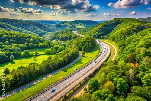 A sunny day reveals a scenic stretch of the interstate highway I-71, winding through rolling hills and lush photo