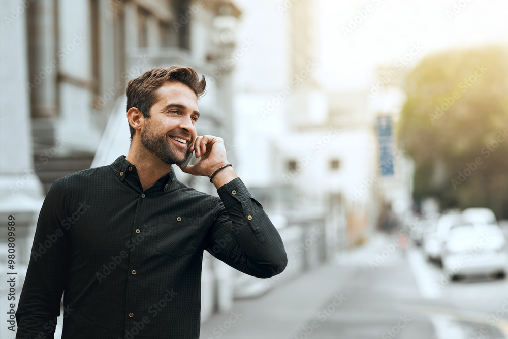 Phone call, thinking or happy man in city walking for vacation travel for sightseeing, explore or adventure. Mobile, conversation or person talking in urban town for weekend, fashion or fun solo trip Phone call, thinking or happy man in city walking for vacation travel for sightseeing, explore or adventure. Mobile, conversation or person talking in urban town for weekend, fashion or fun solo trip