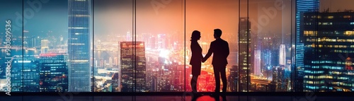 Romantic Couple Holding Hands Overlooking City Skyline at Night from Modern High-Rise Building