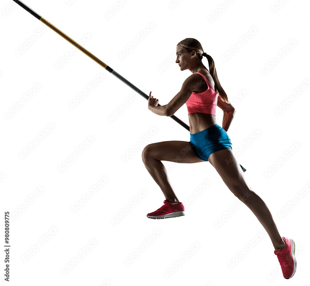 Sportive, athletic young woman, pole vaulting athlete in motion, preparing to perform high jump isolated on transparent background. Concept of professional sport, durance, active lifestyle Sportive, athletic young woman, pole vaulting athlete in motion, preparing to perform high jump isolated on transparent background. Concept of professional sport, durance, active lifestyle
