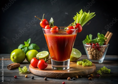 A tantalizing cocktail glass filled with a savory blend of tomato juice, spices, and vodka, garnished with celery, photo