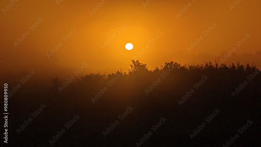 Beautiful sunrise landscape scenery at Clare river, County Galway, Ireland, nature sun background, misty dawn