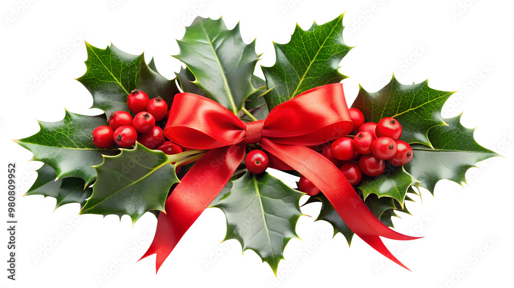 Christmas Holly Branches Tied with a Red Bow, isolated on white transparent background, png element. Christmas holly decorations Ideal for holiday designs.