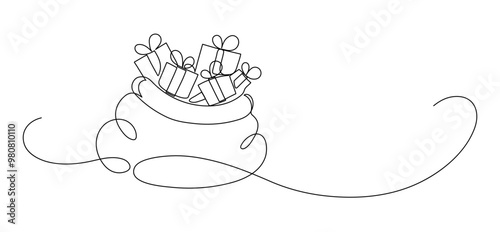 Christmas Santa's bag full of gifts. Continuous line drawing.