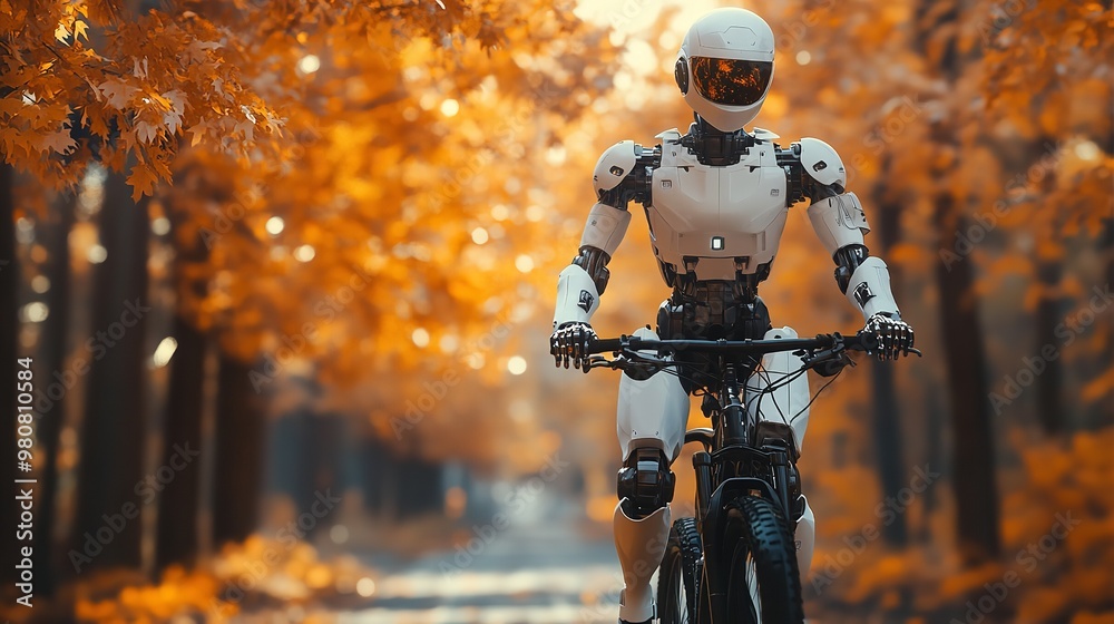 Futuristic concept of a humanoid robot experiencing the joy of cycling through an autumn landscape Exploring human-like emotions Futuristic concept of a humanoid robot experiencing the joy of cycling through an autumn landscape Exploring human-like emotions