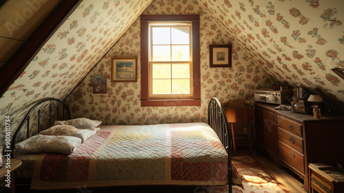 Wallpaper Mural A vintage attic bedroom with antique furniture, patterned wallpaper, and a cozy bed with a quilt. The slanted ceilings and small windows give the space a charming, nostalgic feel Torontodigital.ca