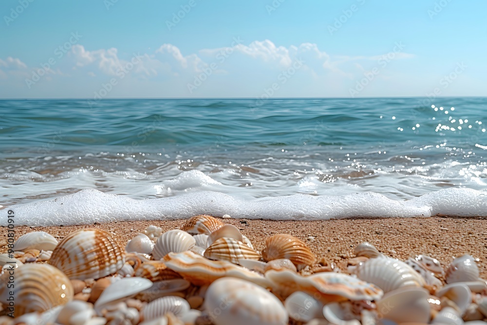Seashells on a Serene Sandy Beach Along a Tranquil Ocean Shoreline Perfect for Summer Vacation Posters, Print Designs, and Nature Themed Cards