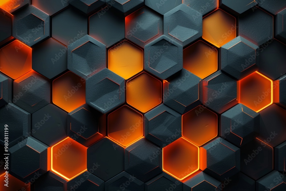 Abstract pattern of glowing hexagons with dark surfaces creating a striking visual contrast in a modern design Abstract pattern of glowing hexagons with dark surfaces creating a striking visual contrast in a modern design