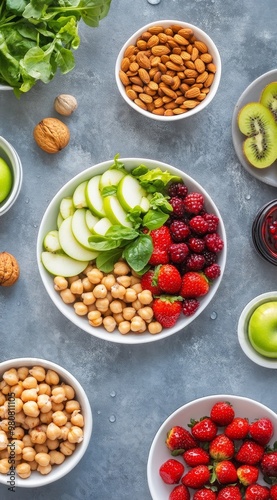 Fresh ingredients arranged for a healthy meal preparation with fruits, nuts, and herbs