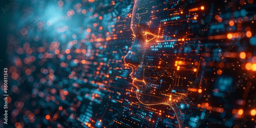 Digital human face formed by glowing data points and circuits, futuristic technology Digital human face formed by glowing data points and circuits, futuristic technology