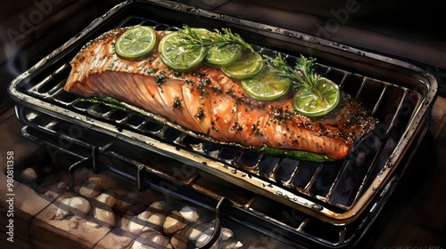 Grilled salmon fillet topped with fresh herbs and lime, showcasing deliciousness for culinary enthusiasts and food lovers. photo