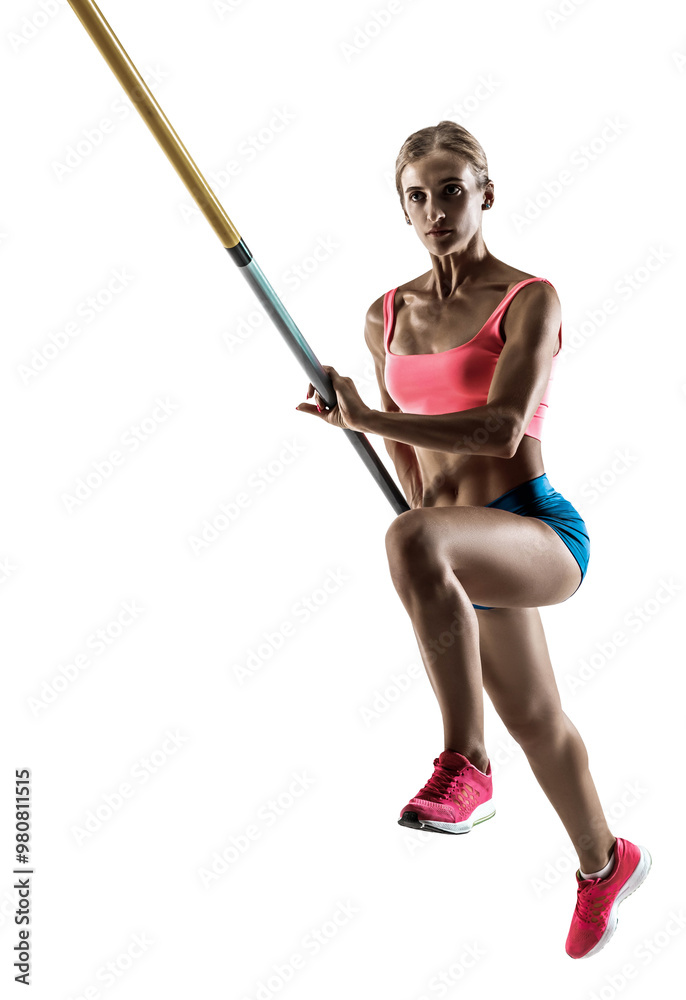 Determined and focused, muscular woman, pole vaulting athlete in motion, showing skills isolated on transparent background. Concept of professional sport, durance, active lifestyle Determined and focused, muscular woman, pole vaulting athlete in motion, showing skills isolated on transparent background. Concept of professional sport, durance, active lifestyle