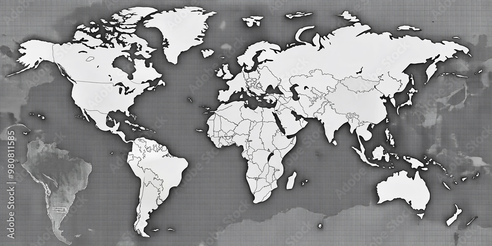 Obraz premium A vast, unmarked world map filling the frame, featuring countries and continents in muted grayscale, awaiting