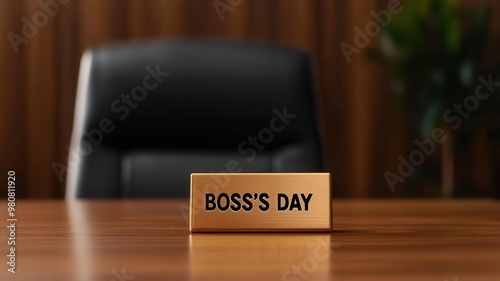 Close-up of a golden nameplate on an office desk, the light reflecting off it softly leadership, recognition photo