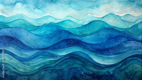 Abstract art background navy blue colors. Watercolor painting on canvas with turquoise pattern of sea waves. Fragment of artwork on paper with wavy line and gradient. : Generative AI