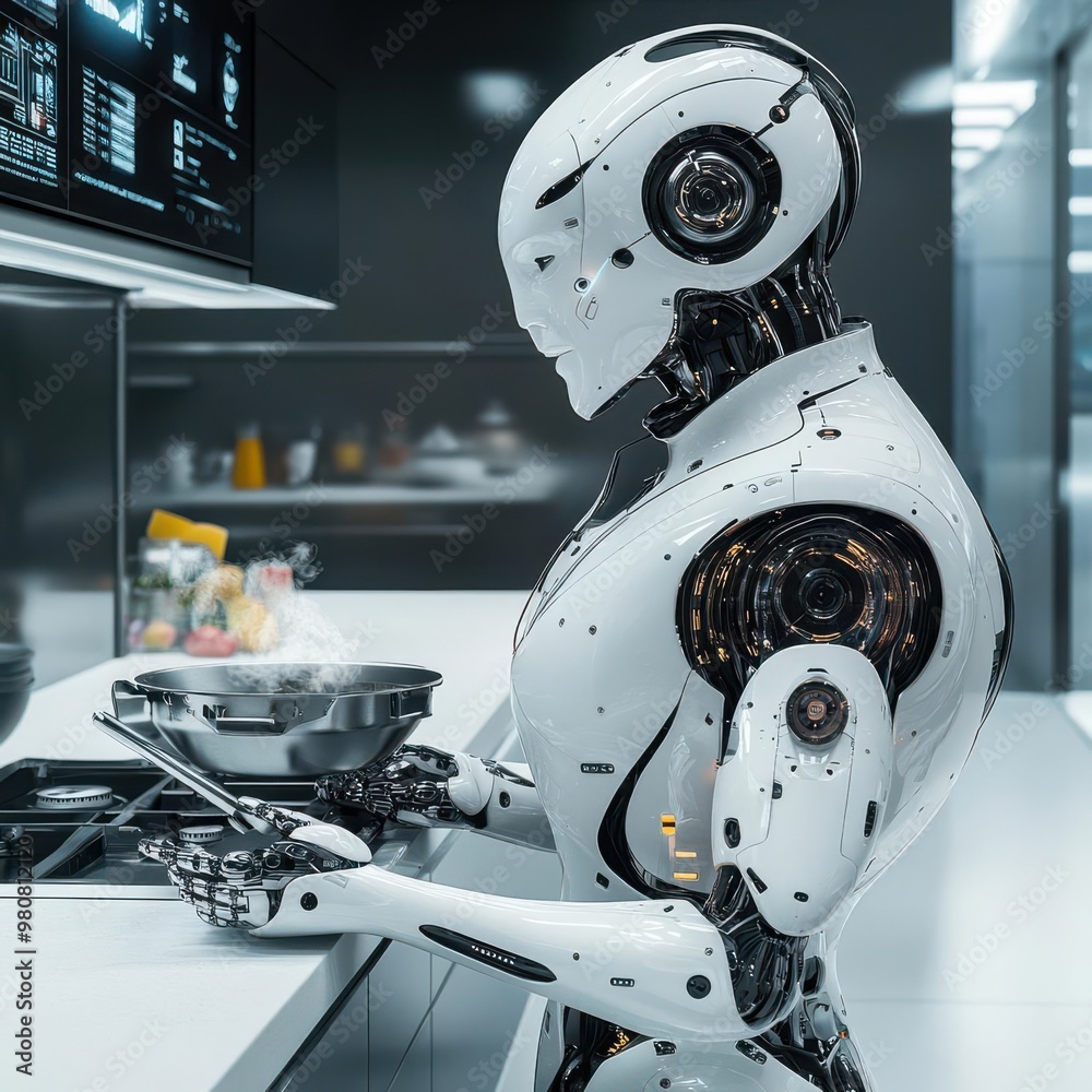 Fototapeta premium A white humanoid robot cooks food in a futuristic kitchen.